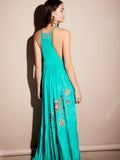 Bright Embroidered Flower Smooth Strap Halter Dress