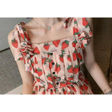 Strawberry Print Strap Chiffon Dress Cottagecore Dress
