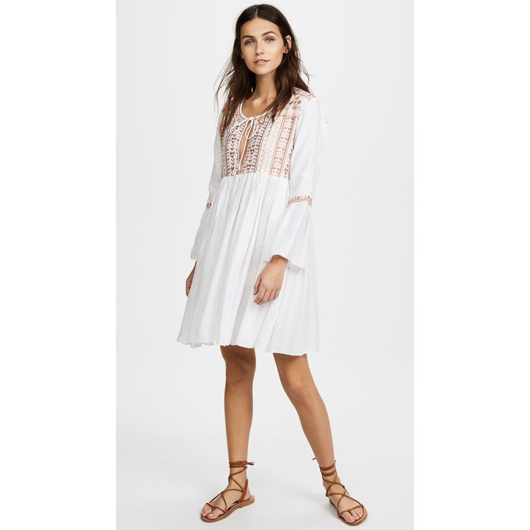 Women Dreese Summer Bell Sleeve Bohemian Solid Color Embroidered Fashion Dress