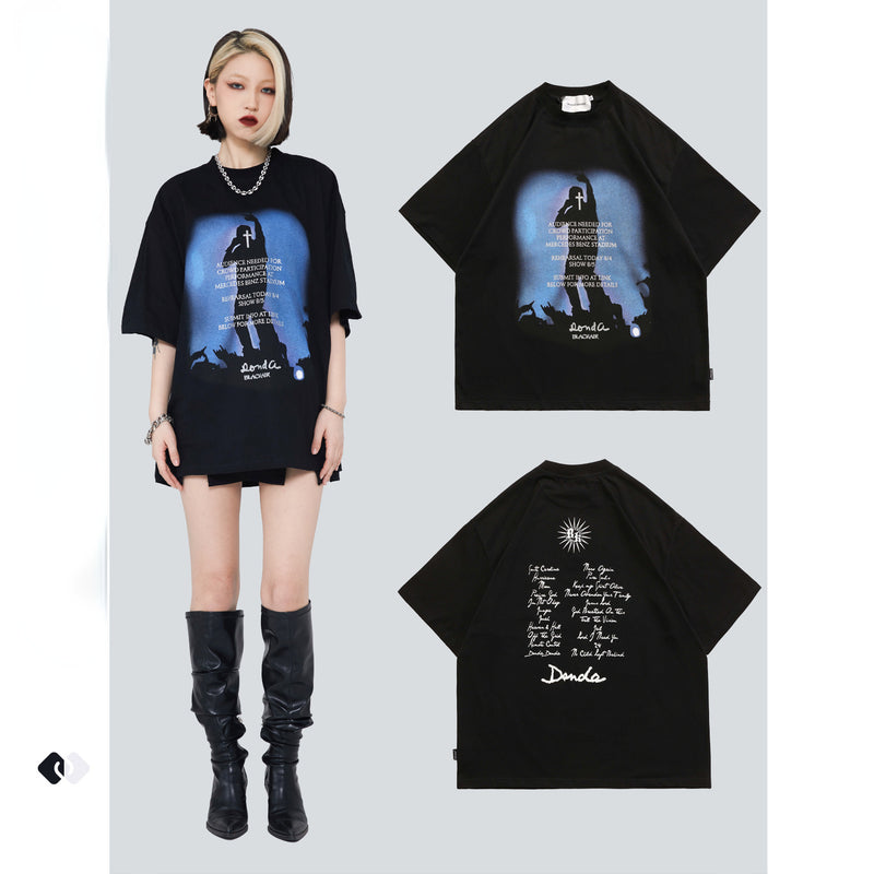 Blackair T Shirt Vintage Letter Print round Neck Loose Short Sleeves T-shirt