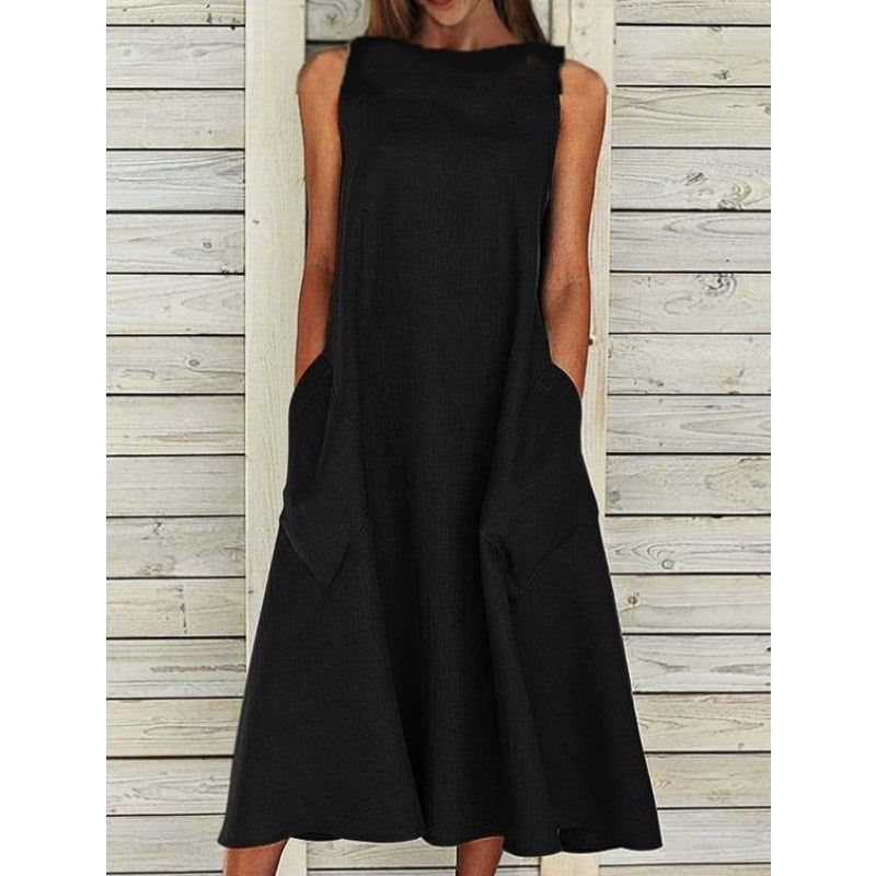 Work Dresses with Pockets round Neck Sleeveless Double Pocket Dress