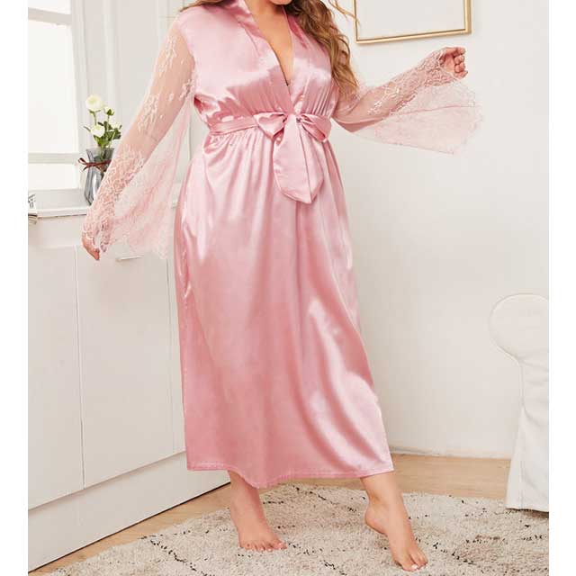 Women Plus Size Maxi Dresses Lace Stitching Long Sleeve Dress