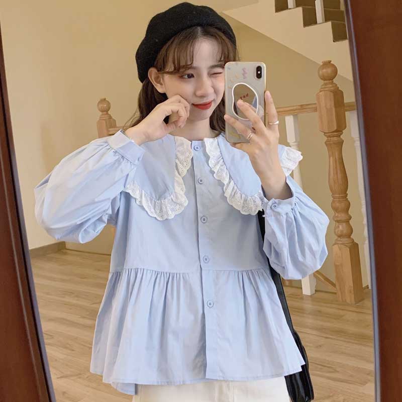 Gothic Lolita Harajuku Style Clothing Autumn Lace Edge Solid Color Long Sleeve Shirt