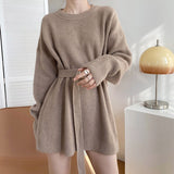 Sweater Dress Outfit With Tights 2 Piece Set Knitted Dress Women's Belt Waist-Tight Autumn
