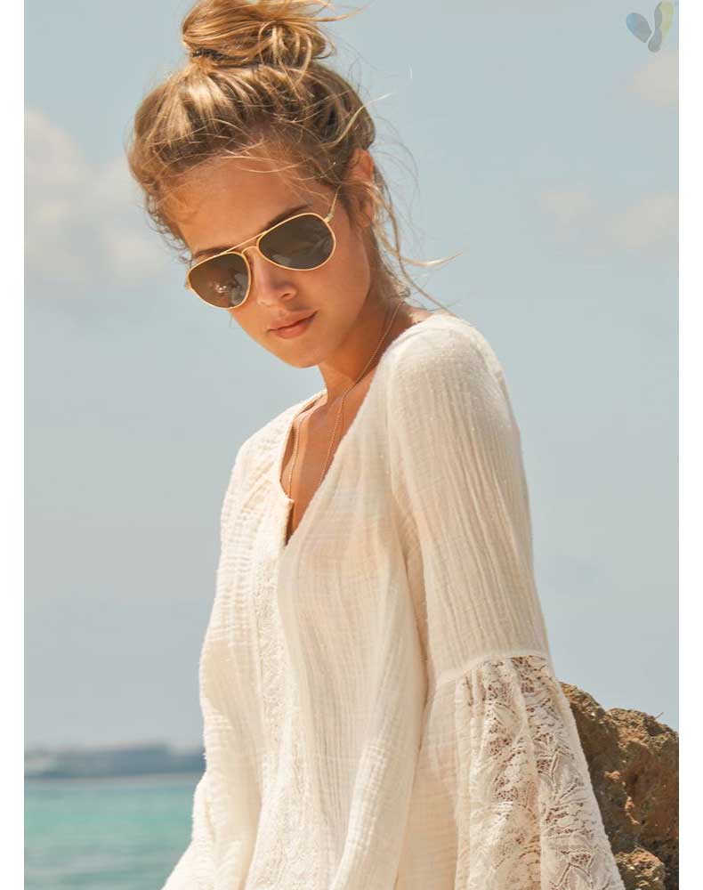 Women Plus Size Mini Dresses V-neck Loose Bell Sleeve Lace Stitching Dress