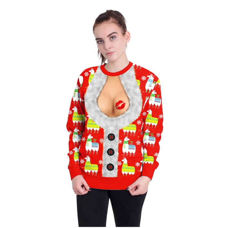 Ugly Christmas Sweater Festival Spoof Sexy Navel Hair 3D Digital Printed round Neck Pullover Couple Sweater