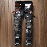 J Shaped Jeans Men's Jeans Ripped Rivet Stitching Ruffle Patch Locomotive