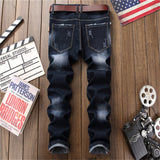 J Shaped Jeans Men's Jeans Blue with Holes Slim Straight