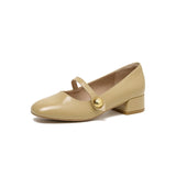 Nude Block Heel Sandals Vintage Patent Leather Mary Jane Shoes