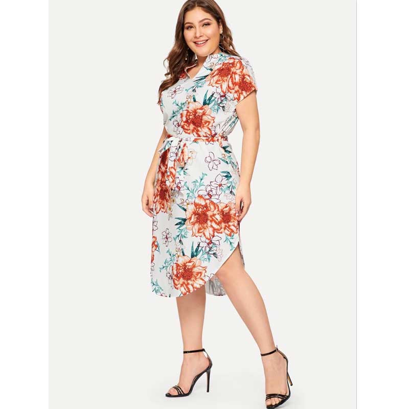 Women Plus Size Maxi Dresses Printed Casual Short Sleeve V-neck Loose Mid-Length Dress