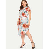 Women Plus Size Maxi Dresses Printed Casual Short Sleeve V-neck Loose Mid-Length Dress