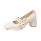 Nude Chunky Heel Pearl Mary Jane Shoes