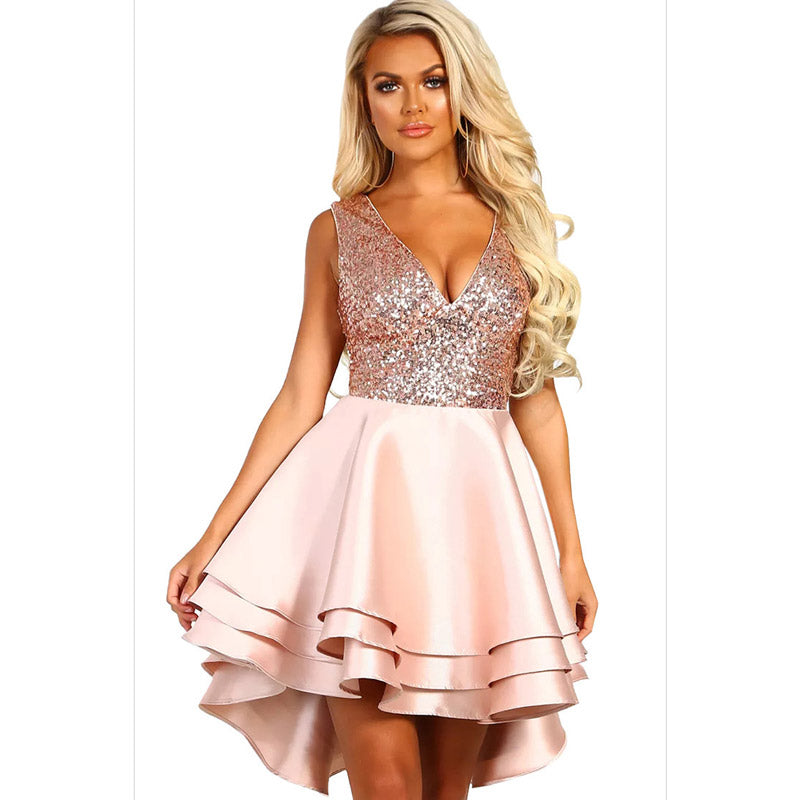 Knee Length Semi Formal Dresses for Wedding Sexy V-neck Sequined Front Short Back Long Dress