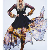 Women Dresses Bohemian Pleated Dress Hem Large Flower Printed Long Sleeve Dress