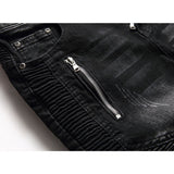 J Shaped Jeans New Men's Jeans Slim Straight Pleated Zipper Motorcycle Snowflake Holes, Blue