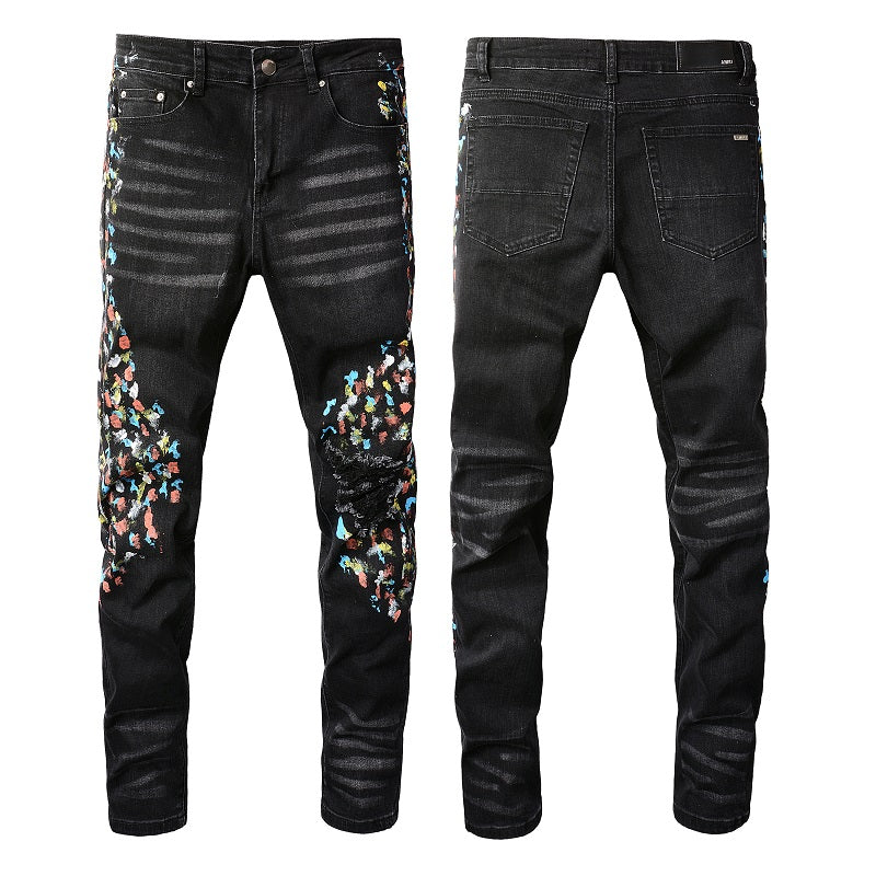 Amiri Jeans Casual Hip Hop Wash Splash-Ink Painted Slim Jeans Casual Fashionable 864