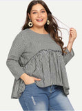 Women Plus Size Tops Plaid Doll Shirt Long Sleeve Round Neck Loose Top