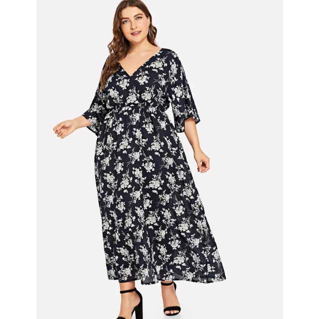 Women Plus Size Maxi Dressesv Collar Backless Short Sleeve Printed Elastic Waist Dress