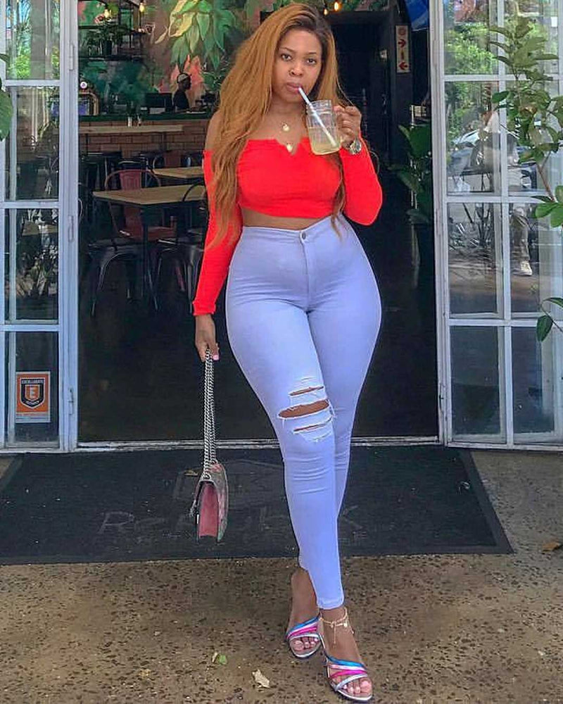Women Plus Size Jeans Fashion Ripped Skinny Pants