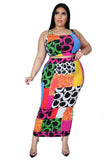 Women Plus Size Maxi Dresses Fashion Floral Print Slit Dress Two-Piece Set