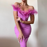 Mariah Carey Dress Sexy Hip Skirt Feather Card Shoulder Slim Dress