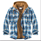 Mens Flannel Jacket with Hoodie Plaid Jacket Long-Sleeved 3D Woolen Printed Coat Cotton-Padded Jacket