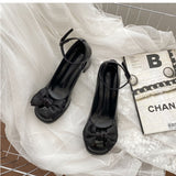 Nude Pumps Block Heel Bow Retro Chunky Heel Leather Shoes