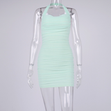 Bella Hadid Dress Sexy Mesh Backless Pleated Halter Sheath Dress