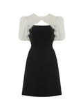 Black and White Dress French Retro Black and White Decorative Stitching Lace Short Sleeve Dress Hepburn Black Dress