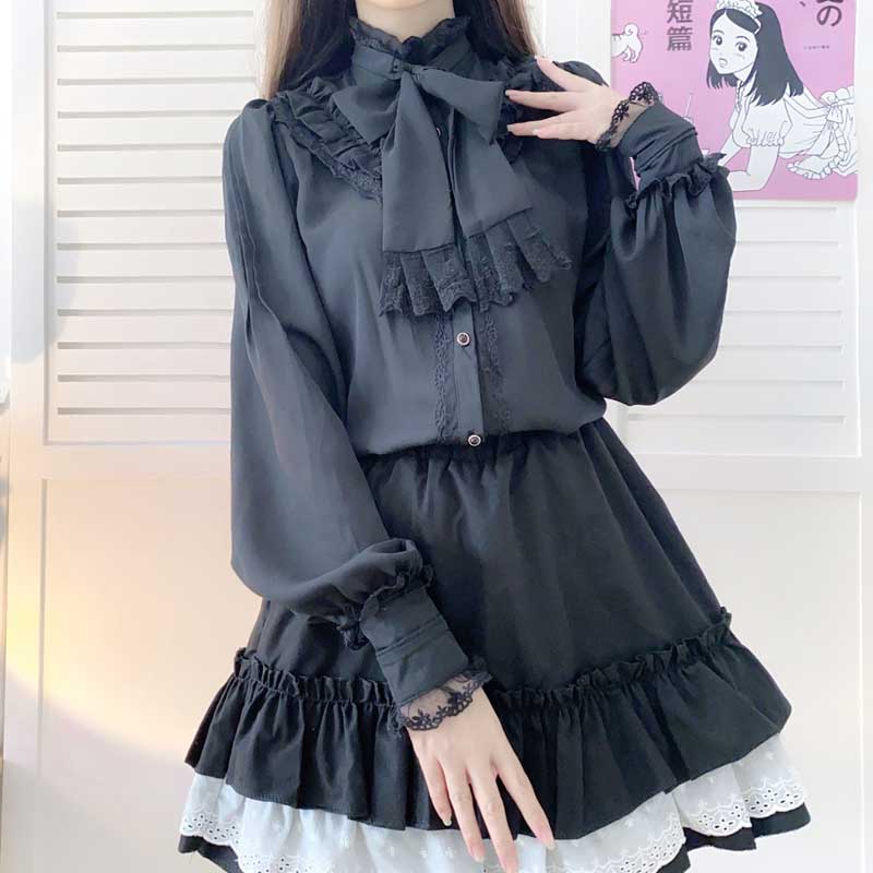 Gothic Lolita Harajuku Style Clothing Shirt Japanese Style Lantern Sleeve Chiffon Lace Sleeve Slim Fit Shirt