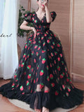 Plus Size Black Party Sequined Dress Strawberry Dress V Neck Sweet Elegant