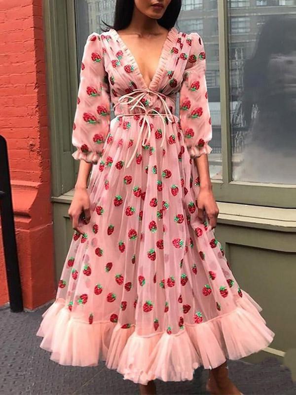 Pink Long Sleeve Strawberry Dress Cottagecore Aesthetic Fairycore Dress Princess Gown Midi Dress Prom Dress