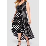 Women Plus Size MIDI Dressesv Collar Black Polka Dot Asymmetric Dress