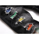 J Shaped Jeans Men's Jeans Straight Hole Colored Mosaic Patchwork Stick-on Crystals
