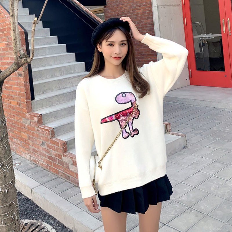 Dinosaur Sweaters Embroidered Sequins Dinosaur Loose Pullover