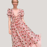Pink Strawberry Dress Cottagecore Midi Dress Aesthetic Fairycore Dress Prom Dress
