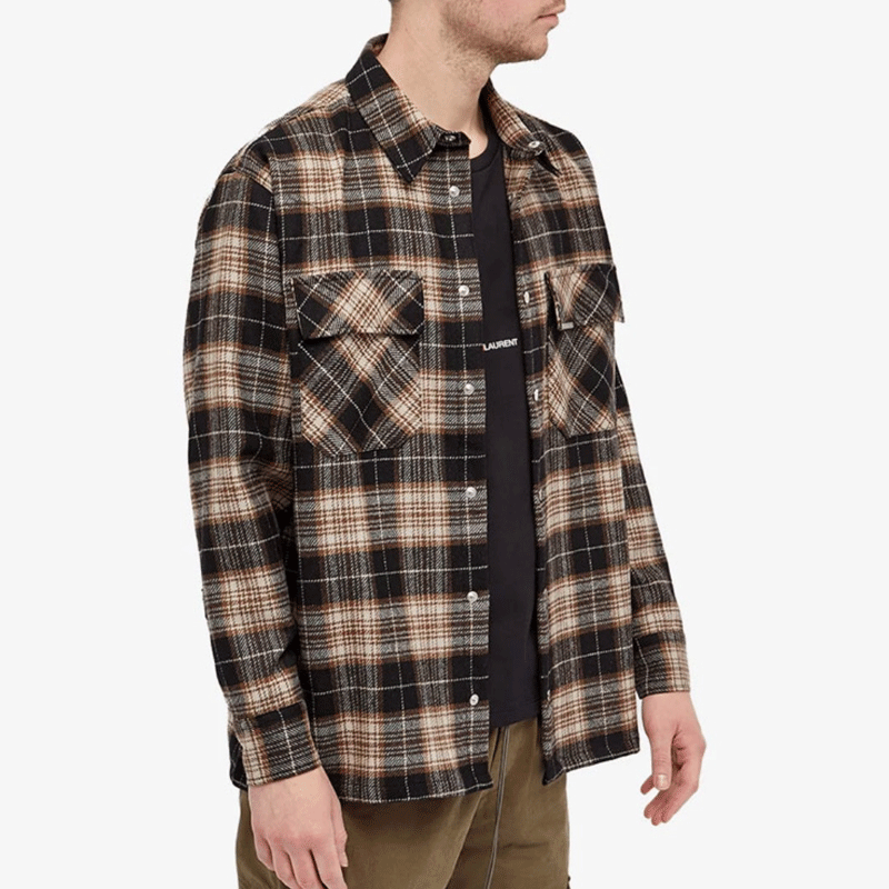 Mens Flannel Jacket Vintage Wool Plaid Top Loose Long Sleeve Shirt Coat Men's Autumn