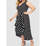 Women Plus Size MIDI Dressesv Collar Black Polka Dot Asymmetric Dress