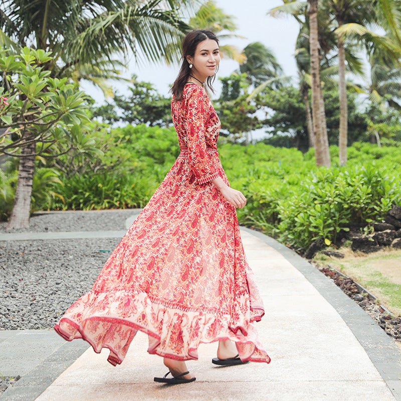 Beth Dutton Bohemian Dress Winter Autumn Midi Dresses V-neck Oversized Skirt Holiday Floral Print Dress