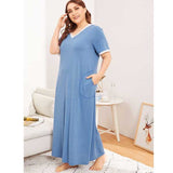 Women Plus Size Maxi Dressesvv Collar Color-Matching Dress