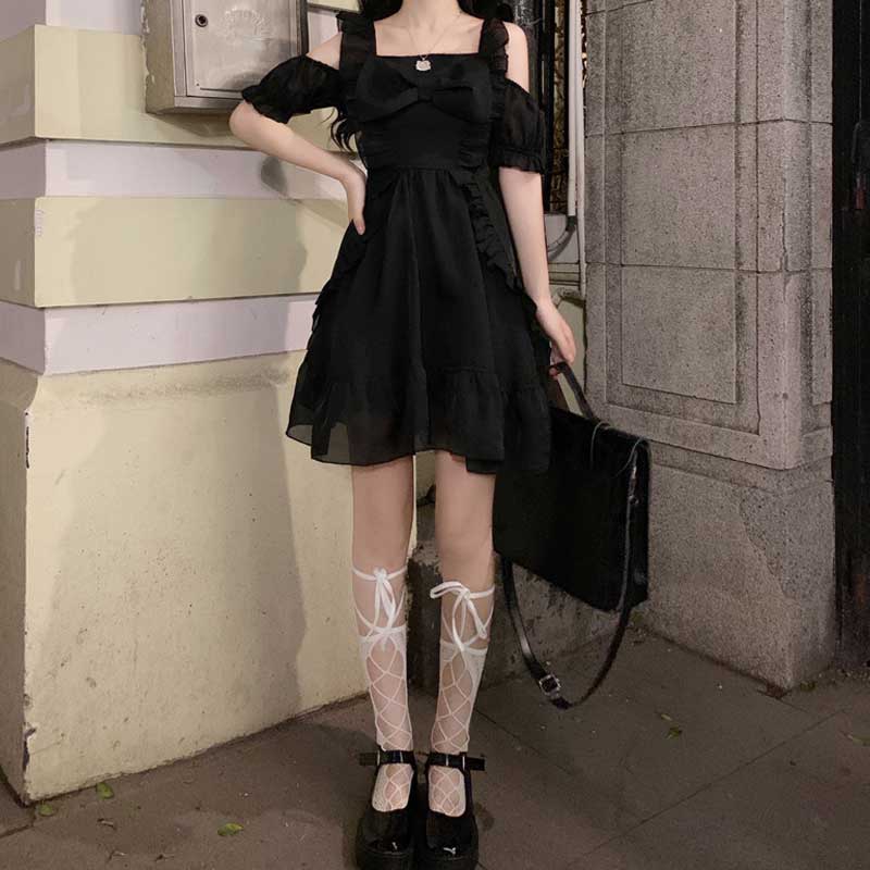 Gothic Lolita Harajuku Style Closing off-the-Shoulder Bow Waist Slimming Solid Color Dress