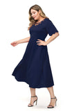 Women plus Size Dresses Fashionable round Neck Stitching Burnt Flower Mid-Length Solid Color Short Sleeve Dress