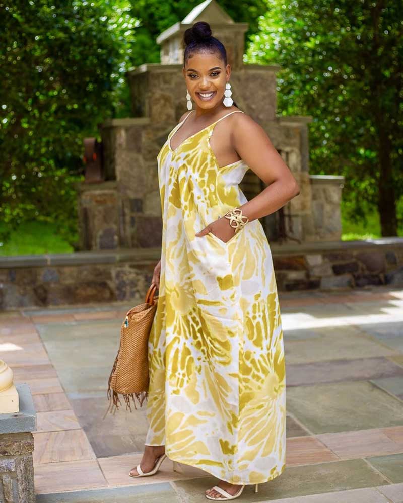 Women Plus Size Maxi Dresses Sexy V-neck Spaghetti-Strap Floral Print Pocket Dress