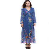 Women Plus Size Maxi Dresses Fashion Casual Long Sleeve Deep V Waist Trimming Printing Chiffon Large Swing Dress