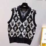 Preppy Aesthetic Outfits Spring Vintage Hit Color Diamond Lattice Knitted Waistcoat for Women V-neck Pullover Sweater