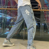 CHH Chrome Heart CHH Spring/Summer Leather Patchwork Metal Buckle Stitching Casual Denim Trousers