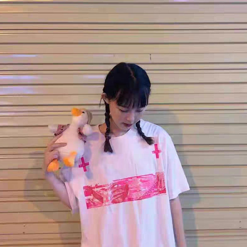 Cavempt Ce Cav @ Empt C.E Fluorescent Pink Cross Couple Short Sleeve T-shirt Men and Women