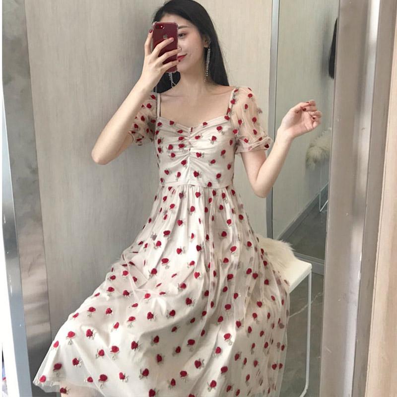 Strawberry Embroidered Mesh Dress Seaside Vacation Beach Dress Swing dress