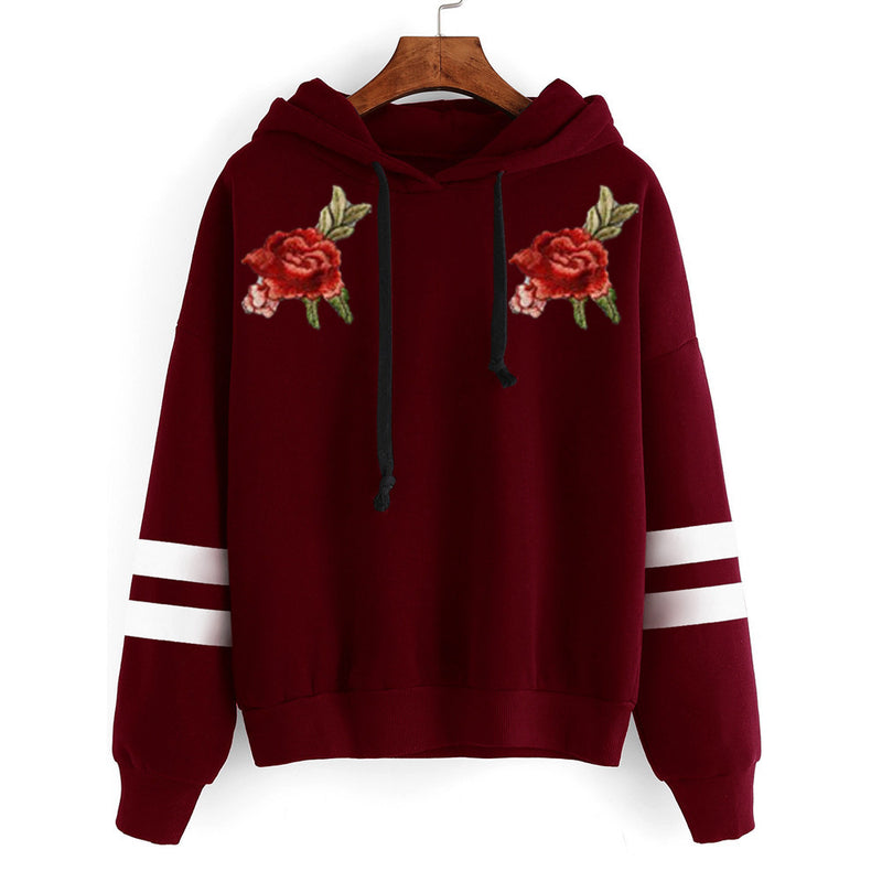Black Rose Hoodie Long Sleeve Loose Rose Embroidered Sweater