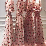 Pink Strawberry Dress Cottagecore Midi Dress Aesthetic Fairycore Dress Prom Dress